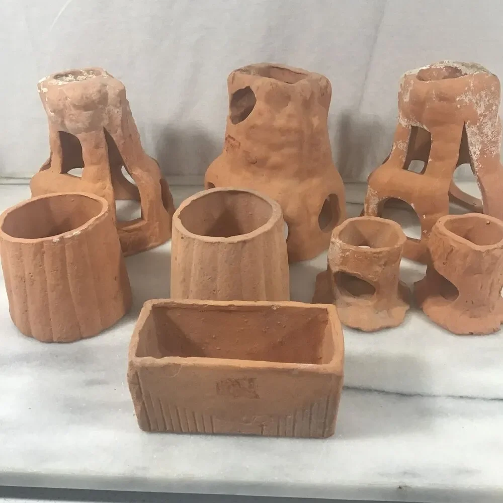 Lot of 8 Terracotta Aquarium & Reptile Hideouts - Natural Clay Fish Tank Decor